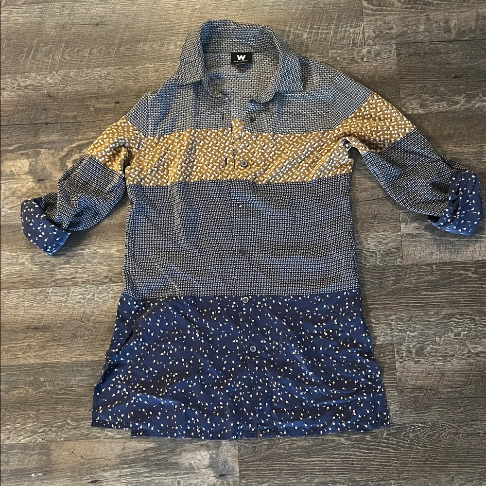 Blue and Gold Patterned Button-Up Shirt